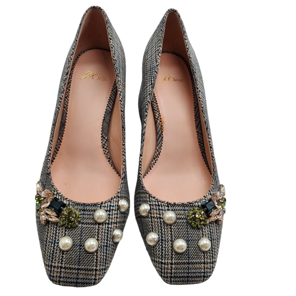 J‎ Crew Celia Pumps Jeweled Glen Plaid Block Heel Plaid Rhinestone Pearl 9.5